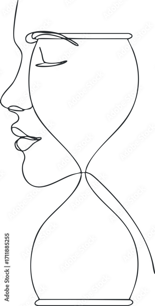 Poster a minimalist line drawing combining a profile of a face with an hourglass symbolizing time.