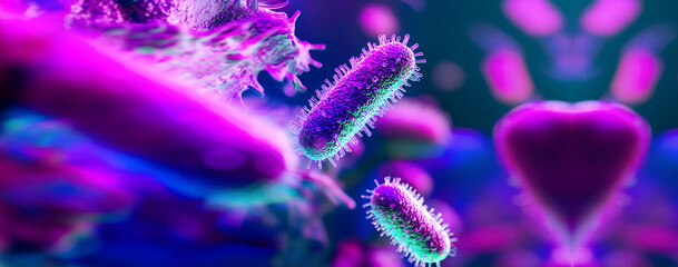 Vivid purple bacteria with heart-shaped background, ideal for medical, science, and microbiology stock photo/video content. Gut health concept