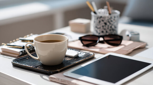Warm cup of coffee placed on a black tray surrounded by stylish sunglasses, digital tablet, stationery items, and a decorative container on a modern workspace table. - Powered by Adobe