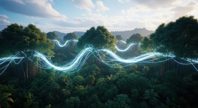 Energy Flow Through Forest Landscape with Glowing Lines Connecting Trees
