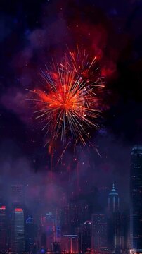 Fireworks exploding over a glowing city skyline, vertical retro 90s loop effect.
