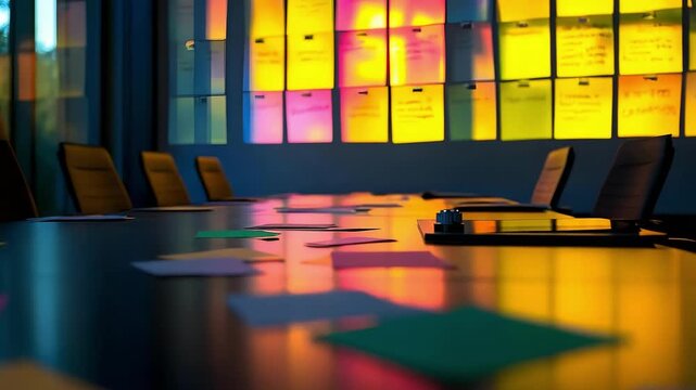 A modern boardroom with a long glossy table, rainbow-colored sticky notes on the wall, and scattered papers.