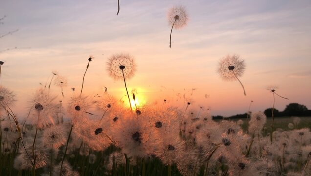 Dandelions in a field at sunset with the sun shining through the dandelion seeds, creating a beautiful and peaceful scene in the countryside