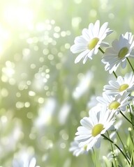 Bright white daisies with vibrant yellow centers bloom against a soft green blurred background with sunlit bokeh