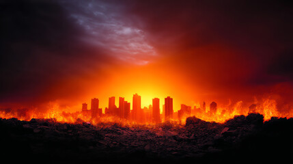 Naklejka premium A city skyline engulfed in intense flames with a fiery orange glow, dark smoke clouds above, and a foreground of rubble and destruction