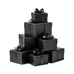 Elegant black gift boxes stacked for special occasions on a transparent background, cut out