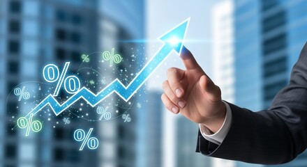 Businessman hand holds a virtual glowing arrow up icon, symbolizing growth, financial success, and positive economic trends with percentage symbols. Ideal for business and investment visuals.
