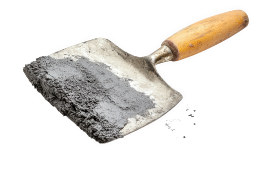 Trowel covered in wet cement isolated on transparent background, illustrating a common tool used in construction and masonry for applying and smoothing concrete or mortar surfaces - Powered by Adobe