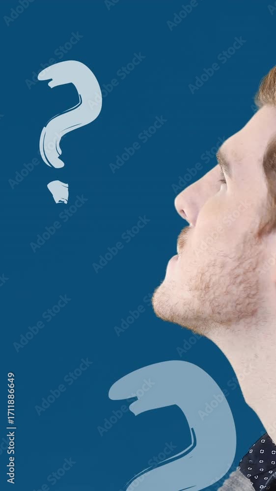 Poster animation of question marks over caucasian man on blue background