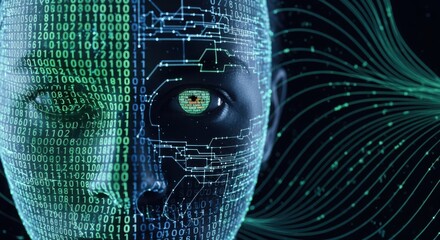 Artificial Intelligence Face with Binary Code and Green Data Streams Concept