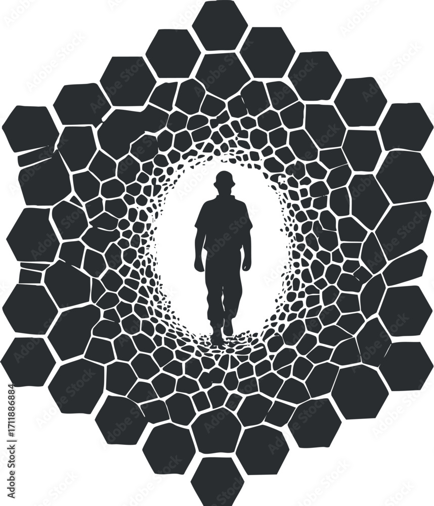 Poster a silhouetted figure walking through a hexagonal patterned tunnel creating a sense of depth.