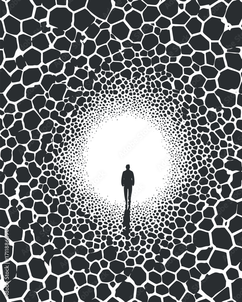 Poster a silhouette of a man surrounded by a hexagonal pattern leading into a bright center.