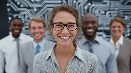 Modern office with professional people working on computers and utilizing high tech information technology