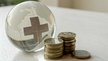 Healthcare Philanthropic Funding Glass globe with a medical cross beside stacked coins, symbolizing global healthcare finance and investment.