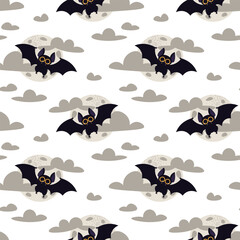 Seamless Pattern with Cute Bats, Moon and Clouds on Midnight Blue Background. Halloween Repeat Background for Textile, Packaging, Wallpaper, Web Design and Festive Decor