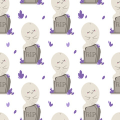Cute Ghost Sitting on Tombstone Seamless Pattern. Halloween Spooky Background for Textile, Party Decor, Scrapbooking, Gift Wrap and Festive Design.