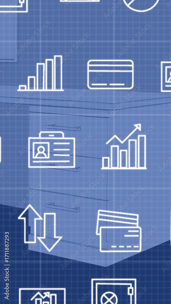 Poster animation of multiple digital icons over grid network against office desk