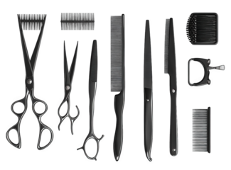 Collection of black hair styling tools isolated on transparent background, including scissors, combs, and brushes, used by professionals for cutting, shaping, and grooming hair