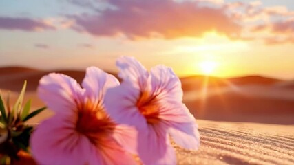 A pink hibiscus flower rests on sunlit desert sand with dune ridges, as a warm sunset colors the horizon.