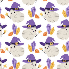 Cute Ghost in Witch Hat with Magic Wand and Crystals Seamless Pattern. Halloween Mystical Background for Textile, Party Decor, Scrapbooking, Gift Wrap and Fantasy Design