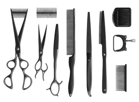 Collection of black hair styling tools isolated on transparent background, including scissors, combs, and brushes, used by professionals for cutting, shaping, and grooming hair
