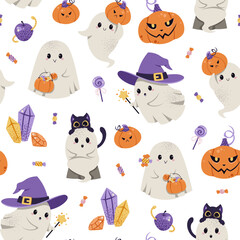 Cute Ghosts with Pumpkins, Black Cat, Candy and Witch Hats Seamless Pattern. Halloween Festive Background for Textile, Party Decor, Gift Wrap, Scrapbooking and Holiday Design