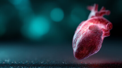 Realistic 3D illustration of a human heart floating against a dark, blurred background with teal and red lighting effects, highlighting its anatomical details and texture
