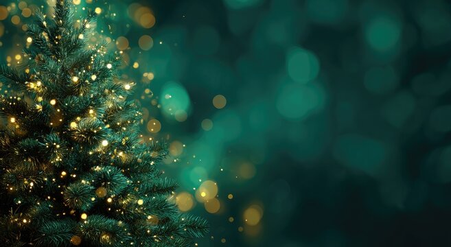 Christmas tree with golden lights against a teal background