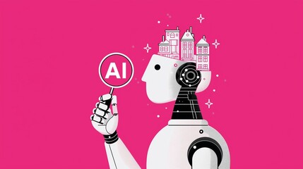 AI robot inspecting smart homes with magnifier illustration. Artificial intelligence brain property analysis. Digital housing flat cartoon image scene 2D art. Visual storytelling