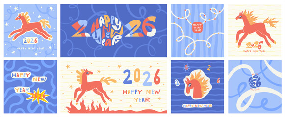 Happy New Year 2026 winter backgrounds fire horse illustration set. Hand drawn greeting card poster square rectangle 1:2 templates collection. Serpentine spiral doodle uneven lines stripes pattern. 