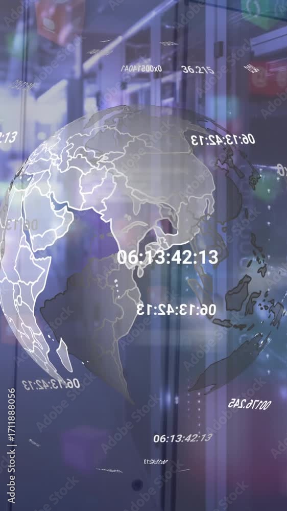 Aufkleber animation of spinning globe, data processing and spots of light against computer server room