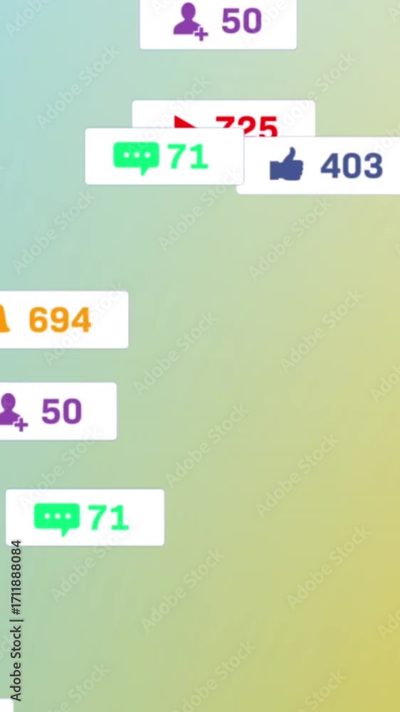 Poster animation of changing numbers and icons in message boxes against abstract background