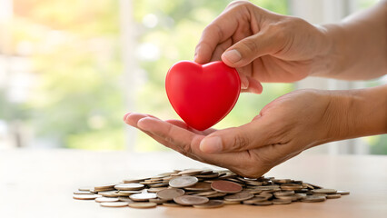 Healthcare Philanthropic Funding Hands holding a red heart above a pile of coins, symbolizing charity and generosity.