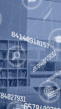 Animation of icons and data processing over world map and library