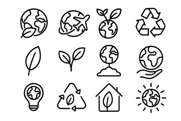 Earth day line icon set. Ecology, environment, and sustainability. Global warming, recycling, eco friendly outline symbols. Planet, leaf, travel, nature vector signs bundle.