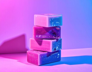 Stacked colorful soaps with vibrant pink and blue lighting