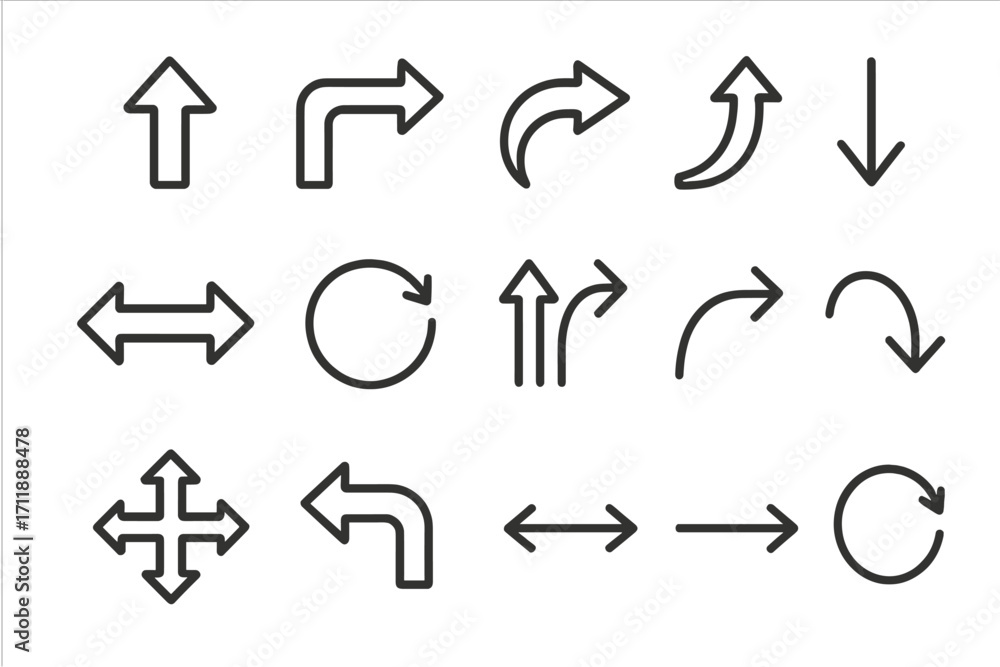 Poster arrow icon set collection. black outline signs for graphic and web design. vector symbols for direct