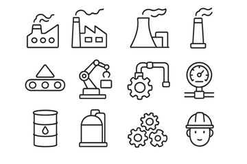 Industrial and manufacturing line icon set. Factory, automation, and engineering symbols. Production, power plant, robotic arm, conveyor belt, and worker vector icons.