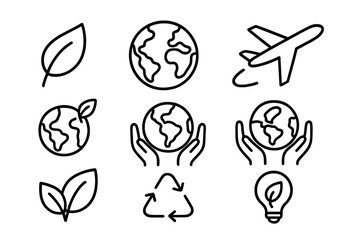 Fototapeta premium Ecology line icon set. Eco friendly, environment, and nature symbols. Collection of outline icons like earth day, save the planet, recycling, green energy, and sustainable travel.
