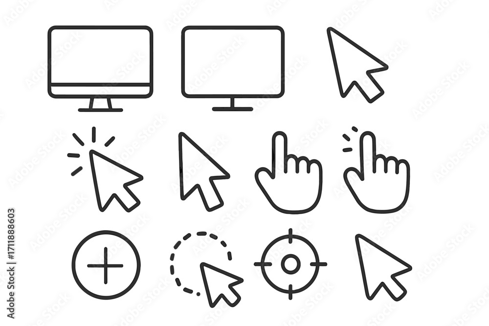 Aufkleber computer monitor & screen vector line icon set. mouse cursor, arrow pointer, hand tap & click symbol