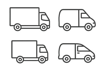 Fototapeta premium Delivery truck and van line icon set. Commercial vehicle and car bundle for logistics and shipping. Editable stroke vector illustration for web, apps, and transport concept.