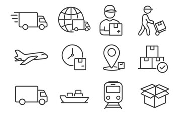 Delivery Transport Logistics Line Icons Collection. Fast Shipping, Global Delivery, Courier Parcel, Warehouse, Freight Truck, Box, Airplane, Ship, Train, Map, Tracking, Packing Vector Set