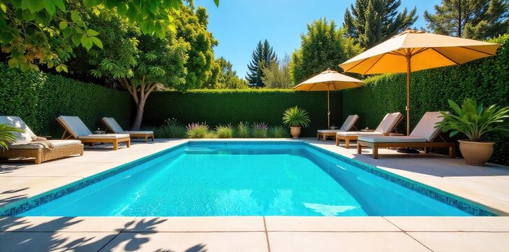 Sparkling Blue Swimming Pool Sunny Summer Relaxation on a Sun-Drenched Patio. Perfect for a Refreshing Dip, Enjoying the Clear Water and Fun Diving Board.