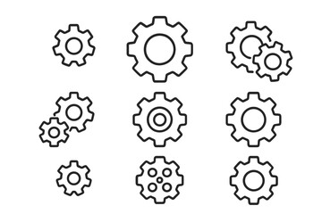 Gear Cogwheel Icon Collection. Minimalist Linear Pictogram Set. Editable Stroke Industrial Machine Parts Concept. Engineering, Settings, Mechanism, Process, Industry Tools Vector Illustration
