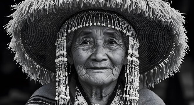 Elderly Woman Wearing Large Traditional Wide-brimmed Hat with Beaded Decorations in Black and White