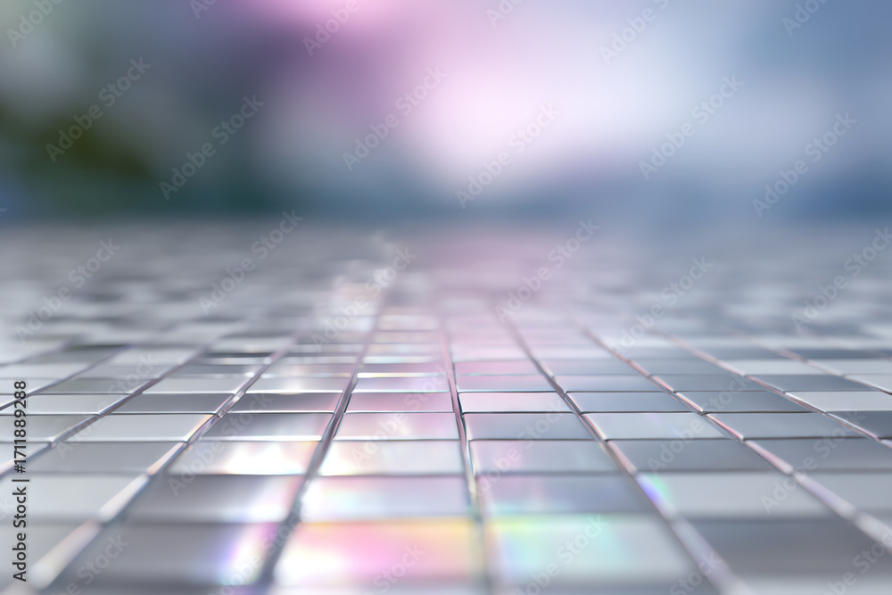 Poster close-up of reflective metallic tiles arranged in a grid pattern, creating a smooth, shiny surface w