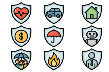 Insurance service icon set collection. Health, auto, home, life, finance, technology, fire, family, umbrella, business. Shield concept for coverage, protection, risk, vector flat cartoon app design