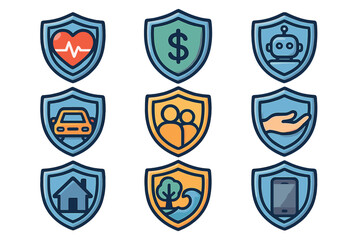 Insurance protection icon bundle shield vector set. Health, money, car, family, home, mobile device, technology, environment, charity, robot, safety, coverage concept illustration