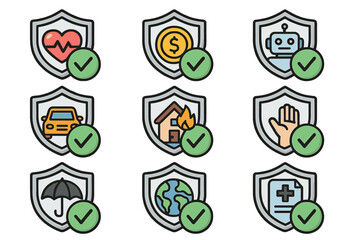 Insurance Icon Bundle Featuring Health, Money, Robot, Car, Home Fire, Hand, Umbrella, Earth, and Medical Document Shield Badges for Web, App, Business, Financial, and Safety Concepts