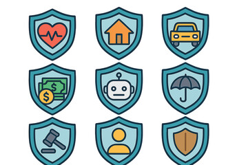 Insurance protection icon set, cartoon shield badges with health, home, car, money, robot, umbrella, law, user, security, financial risk, safety, legal, AI, coverage, vector illustration